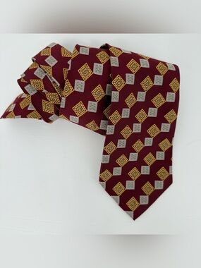 Cuggi Vintage Burgundy Silk Tie Gold and Gray Geometric